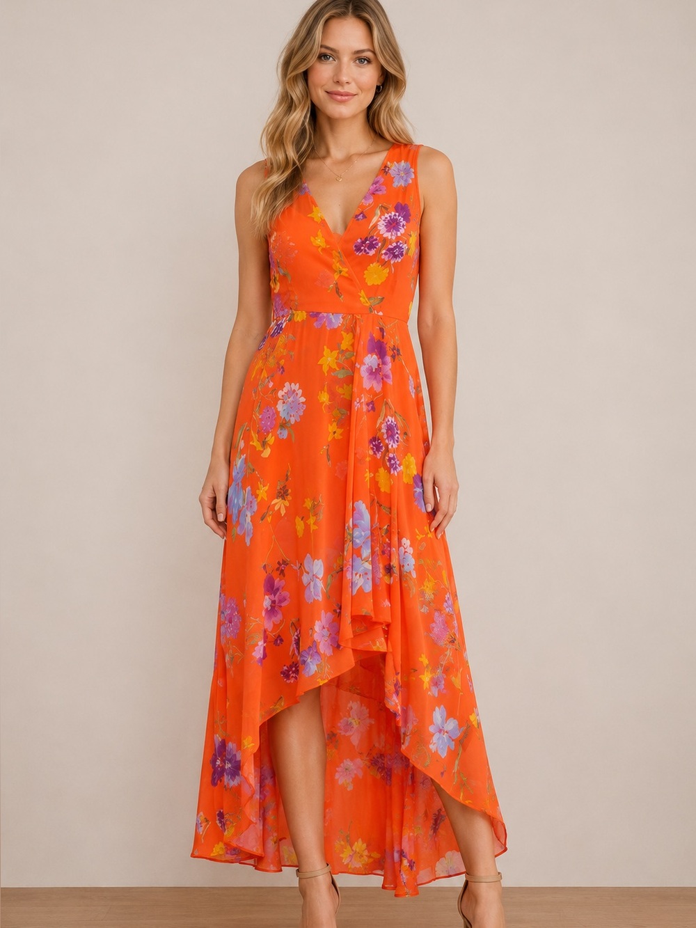Calvin Klein Orange Floral V-Neck High-Low Dress